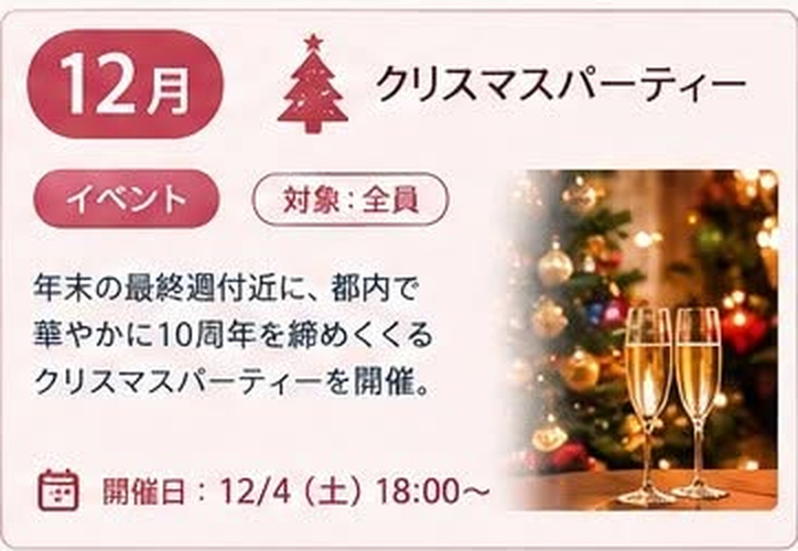 12月 クリスマスパーティー(イベント / 対象:全員 / 開催日: 12/4 土 18:00〜)年末の最終週付近に、都内で華やかに10周年を締めくくるクリスマスパーティーを開催。